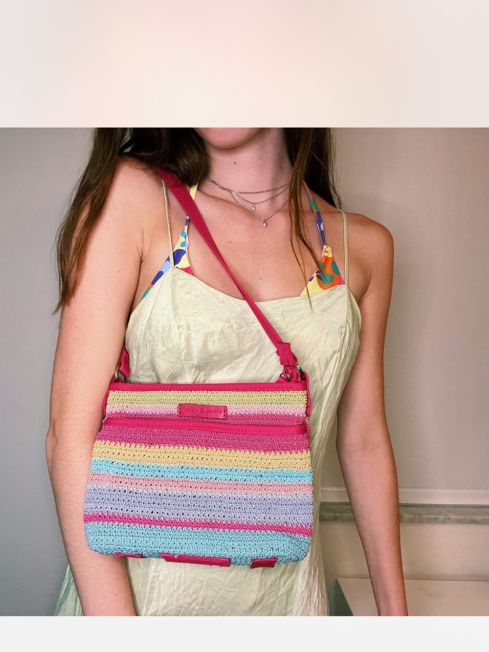 Colorful Pink Stripe Crochet Shoulder Bag